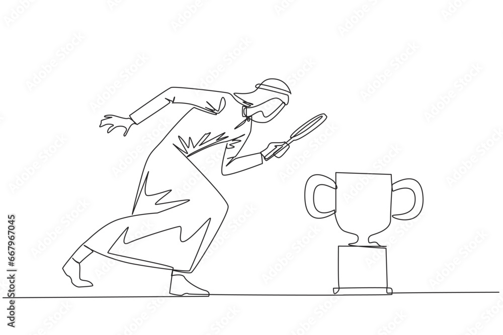 Fototapeta premium Single continuous line drawing of Arabian businessman holding magnifying glass looking at trophy. Long journey of running a business pays off by finding trophy as reward. One line vector illustration