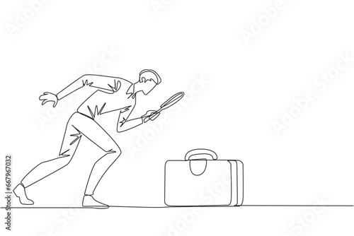 Continuous one line drawing of businessman holding magnifying glass highlights the briefcase. Immediately tidied up his briefcase to go on a business trip. Single line draw design vector illustration
