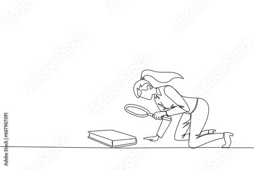 Single continuous line drawing of businesswoman holding magnifying glass looking at book. Looking for knowledge about franchising from a scientific study book. One line design vector illustration