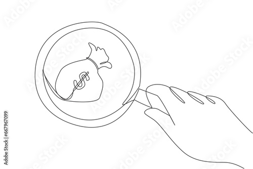 Continuous one line drawing of big hand holding magnifying glass highlights money bag. Focus on business goals to be achieved. A number of money bags will come. Single line design vector illustration