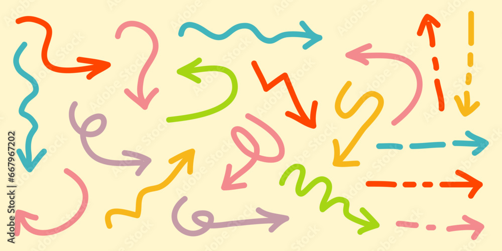 Various Doodle Arrows colorful with direction pointers Shapes and Objects. hand drawn vector illustration