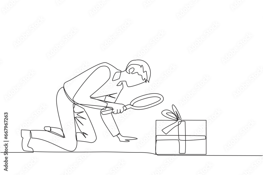 Single continuous line drawing of businessman holding magnifying glass highlights gift box. Assign bonuses to employees have high dedication to the company. Prize. One line design vector illustration Single continuous line drawing of businessman holding magnifying glass highlights gift box. Assign bonuses to employees have high dedication to the company. Prize. One line design vector illustration