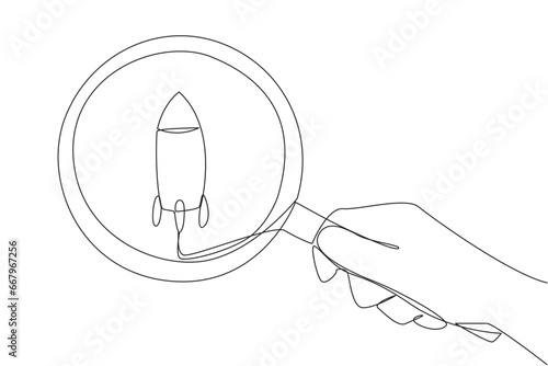 Continuous one line drawing of big hand holding magnifying glass highlights the rocket. Make observations, take action so businesses can fly as high as rockets in space. Single line draw design vector