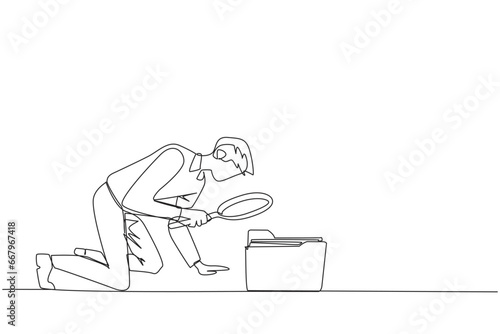 Single one line drawing of businessman holds magnifying glass highlighting folder icon. Look for old files are still important to move to a safer place. Continuous line design graphic illustration