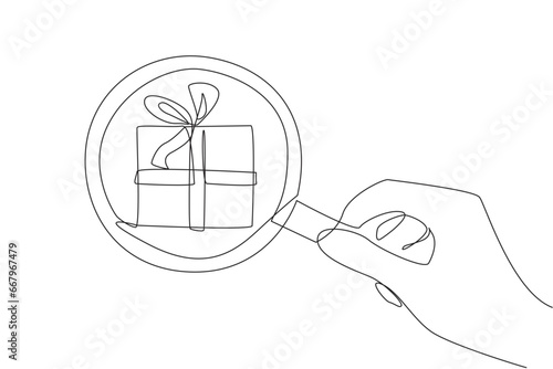 Continuous one line drawing big hand holding magnifying glass highlights gift box. Observe a gift that will be given to a business associate. Tokens of gratitude. Single line draw vector illustration