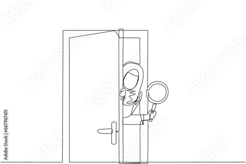 Continuous one line drawing Arabian businesswoman came out from behind the door holding a magnifier. Invite business partners to join so that the business is stronger. Single line draw design vector