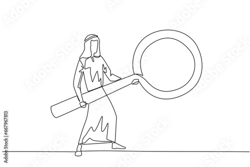 Single continuous line drawing Arab businessman standing holding a giant magnifier. Resembling a guitar player, he searches, analyzes, finds all the necessary data. One line design vector illustration