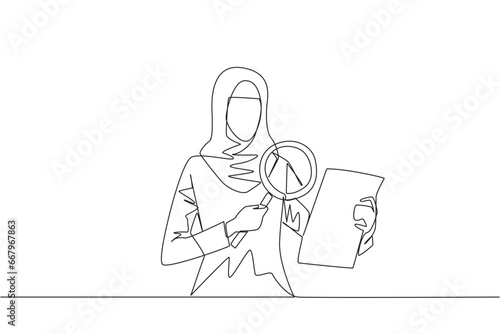 Continuous one line drawing of Arabian businesswoman holds piece of paper and checks it with a magnifier. Businesswoman work with research analytics and statistic. Single line draw vector illustration