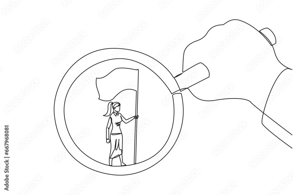 Continuous one line drawing of big hand holding the magnifier by highlighting the businesswoman who is standing holding the flag. Symbol of the glory of businesswoman. Single line draw design vector Continuous one line drawing of big hand holding the magnifier by highlighting the businesswoman who is standing holding the flag. Symbol of the glory of businesswoman. Single line draw design vector