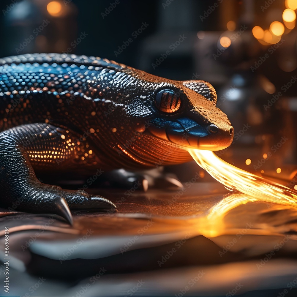 Fototapeta premium A colossal cosmic salamander, its fiery tail heating the forge of a cosmic blacksmith2