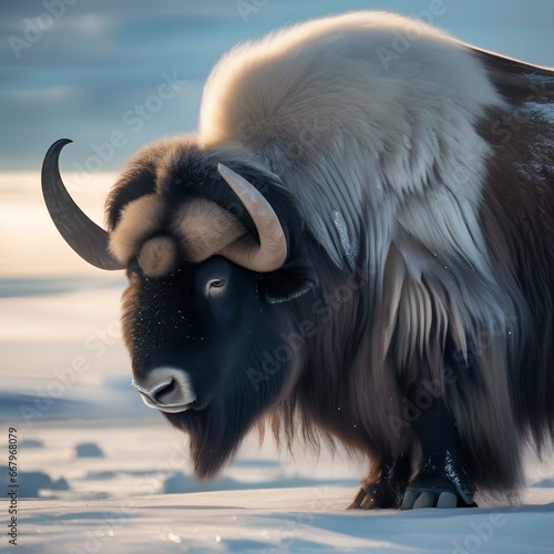 A colossal cosmic muskox with horns of cosmic ice, roaming the frozen plains of an icy asteroid3 photo