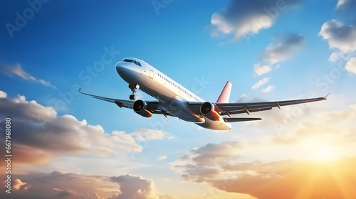 Airplane flying in the air with sunlight shining in blue sky background. Travel journey and Wanderlust transportation concept