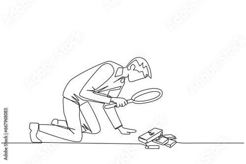 Single continuous line drawing businessman looked down examining piles of banknotes with magnifiers. Businessmen who know the rules, don't take what doesn't belong. One line design vector illustration