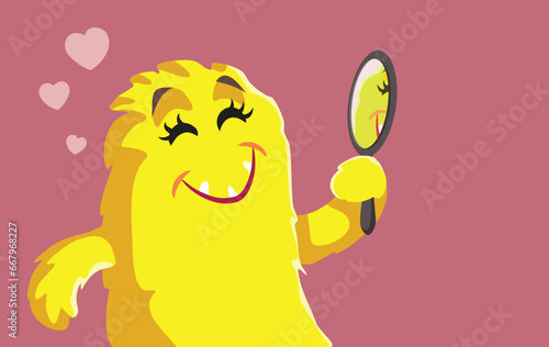 Self-Loving Monster Looking in the Mirror Vector Cartoon illustration. Smiling self-accepting creature feeling positive and joyful
