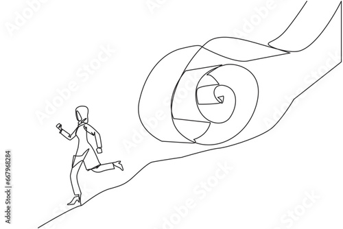 Continuous one line drawing Arabian businesswoman runs down hill while being chased by rolls of paper bills. Chased by ever-growing bills. Business failure. Single line draw design vector illustration