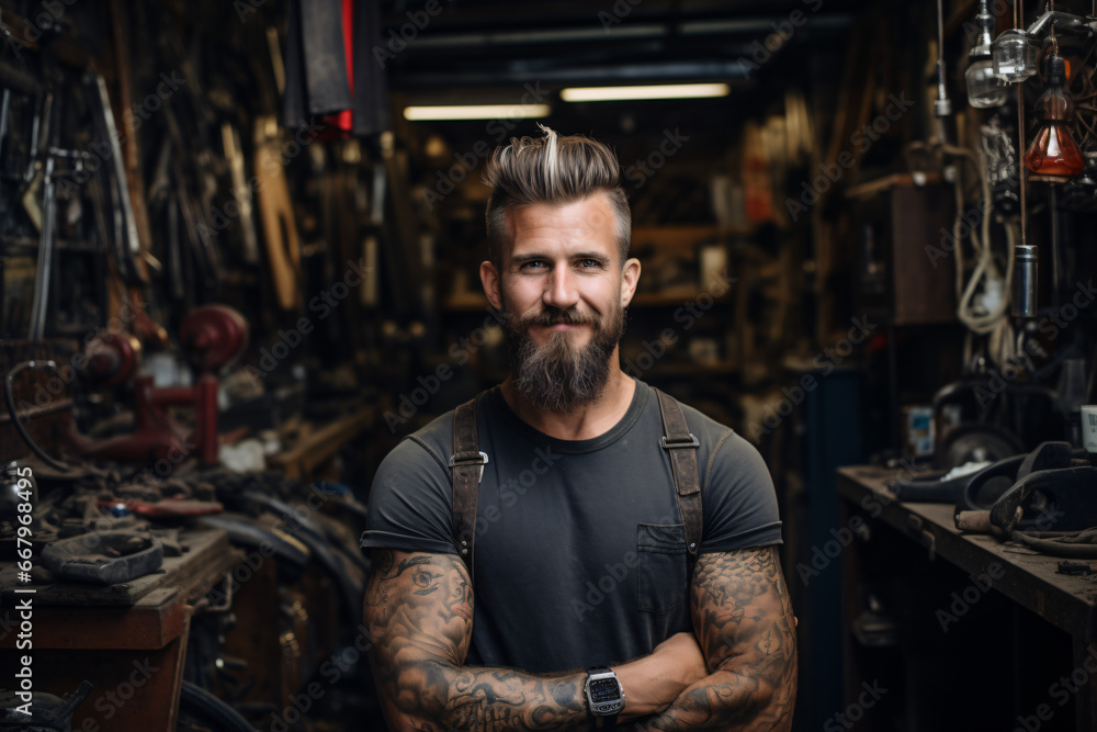 Portrait of a young and modern man, with tattoos on his arms and a hipster-style beard and mustache, wearing work clothes in a mechanical workshop, volumetrically illuminated. Portrait of a young and modern man, with tattoos on his arms and a hipster-style beard and mustache, wearing work clothes in a mechanical workshop, volumetrically illuminated.