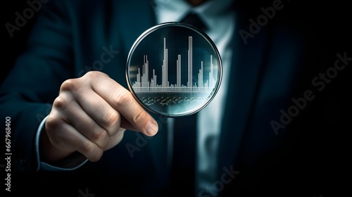 Businessman hand holding a magnifying glass on black background. Business and financial concept.