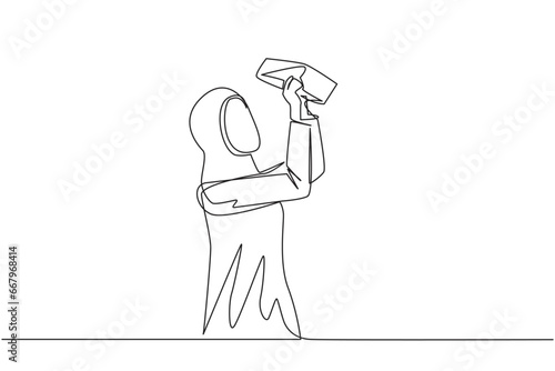 Single continuous line drawing Arab businesswoman stood holding and turning an empty wallet. Woman who go bankrupt in running business. Don't have any money at all. One line design vector illustration