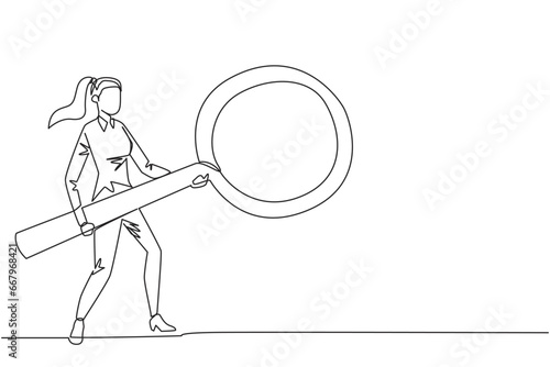 Continuous one line drawing businesswoman standing holding giant magnifier. Resembling guitar player, she searches, analyzes, finds all the necessary data. Single line draw design vector illustration