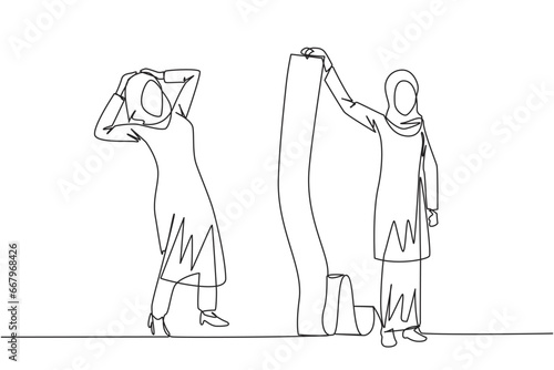 Single one line drawing shocked Arabian businesswoman is shown the bill by her business partner. Many bills have entered the deadline to be paid right now. Continuous line design graphic illustration