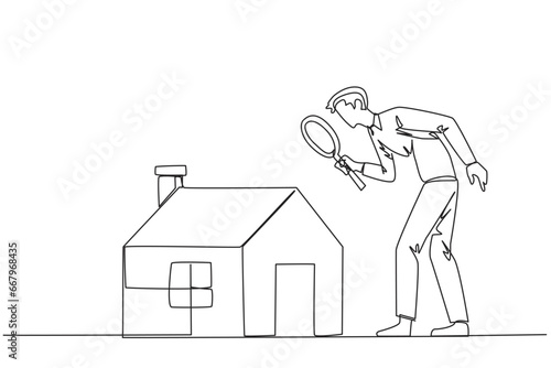 Single continuous line drawing businessman stood holding the magnifier and inspected the miniature house. Looking for home property to be used as passive income. One line design vector illustration