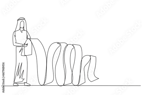 Single one line drawing Arabian businessman held long billing paper with both hands. Worry about spending a lot of money because of large number of bill. Continuous line design graphic illustration