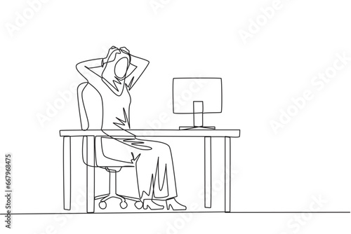Single one line drawing of Arabian businesswoman sitting in work chair is holding her head with both hands. In front of monitor face the reality of many unpaid bills. Continuous line design graphic