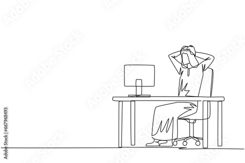 Continuous one line drawing Arab businessman sitting in work chair is holding head with both hands. In front of monitor face reality of many unpaid bills. Single line draw design vector illustration
