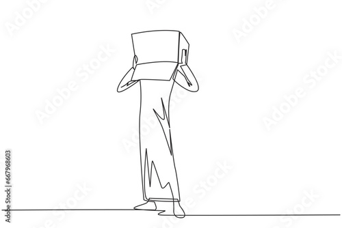 Single continuous line drawing of Arabian businessman stood up and covered head with cardboard. Businessman who are embarrassed because unable to pay several bills. One line design vector illustration