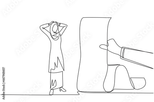 Single continuous line drawing Arab businesswoman stood in shock holding head with both hands, looking at bill thrust by the hand. Woman who have online bills must be paid immediately. One line vector
