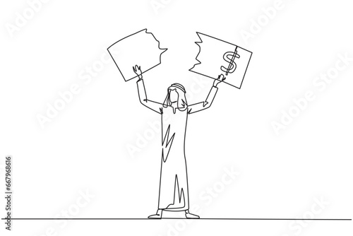Continuous one line drawing Arab businessman stood up tore off banknotes held above his head. Failed to invest, suffered a lot of losses. Business failure. Single line draw design vector illustration