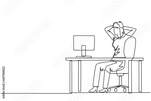Single continuous line drawing of stressful businesswoman sitting in work chair is holding her head with both hands. In front of monitor face the reality of many unpaid bills. One line design vector