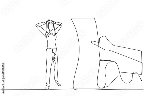 Single one line drawing of businesswoman stood in shock, holding head with both hands, looking at bill thrust by the hand. Woman who have online bills must be paid immediately. Continuous line design