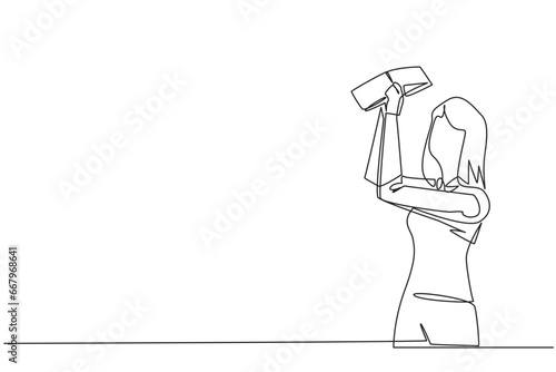 Single continuous line drawing of businesswoman stood holding and turning an empty wallet. Woman who go bankrupt in running a business. Don't have any money at all. One line design vector illustration