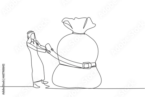 Single one line drawing Arab businessman wrapped around and pulled the money bag with a belt. Investment decrease, sale drop. Save on unnecessary expenses. Continuous line design graphic illustration
