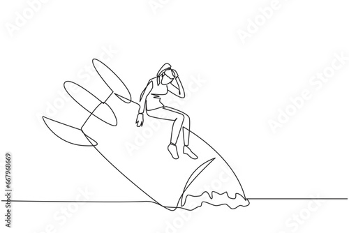 Single one line drawing businesswoman sits downcast on swooping rocket stranded and stuck at ground level. New business was destroyed. Unable to pay bills. Continuous line design graphic illustration