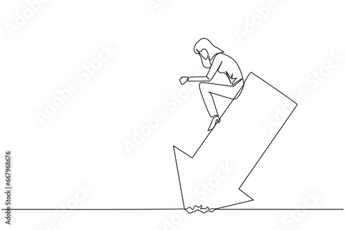 Single continuous line drawing sluggish businesswoman sits downcast on a swooping arrow stuck in the ground. Losses from the stock exchange. Heavy inflation. One line design vector illustration