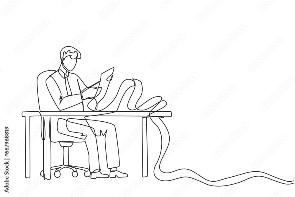 custom made wallpaper toronto digitalContinuous one line drawing of businessman sitting in work chair holding roll of billing paper. Monthly recurring bill payment. Employee salary bills and other payments. Single line draw design vector