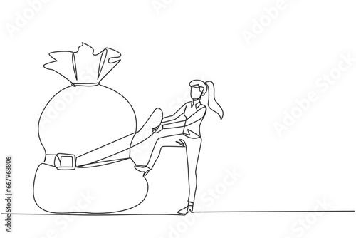 Single continuous line drawing businesswoman wrapped around and pulled the money bag with a belt. Investment decrease, sale drop. Save on unnecessary expenses. One line design vector illustration