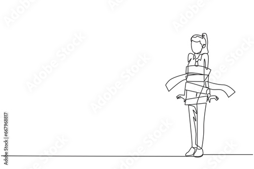Single one line drawing young stressful businesswoman stood and her body was wrapped by billing paper. Debt-ridden businesses. Bankrupt. Business failure. Continuous line design graphic illustration