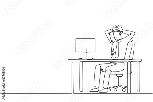 Single one line drawing of stressful businessman sitting in work chair is holding his head with both hands. In front of monitor face the reality of many unpaid bills. Continuous line design graphic