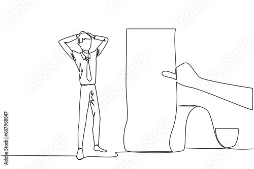 Continuous one line drawing of businessman stood in shock, holding head with both hands, looking at bill thrust by the hand. Man who have online bills must be paid immediately. Single line draw vector