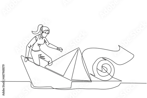 Continuous one line drawing businesswoman boarded a paper boat loaded with rolls of paper bills and almost drowned. Spending more than income. Large pegs than poles. Single line vector illustration