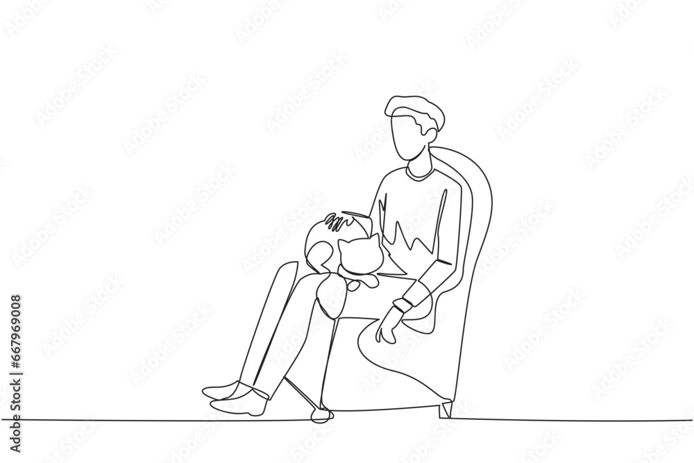 Single continuous line drawing of young man sitting on the couch hugging a cat on his lap. Young man stroking cute little cat to sleep. Friendly with cats. One line design vector illustration