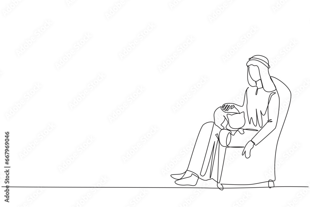 Single one line drawing of young Arabian man sitting on the couch hugging the cat on his thigh. A young man who loves his pet very much. Petting the cat until it sleeps. Continuous line design graphic