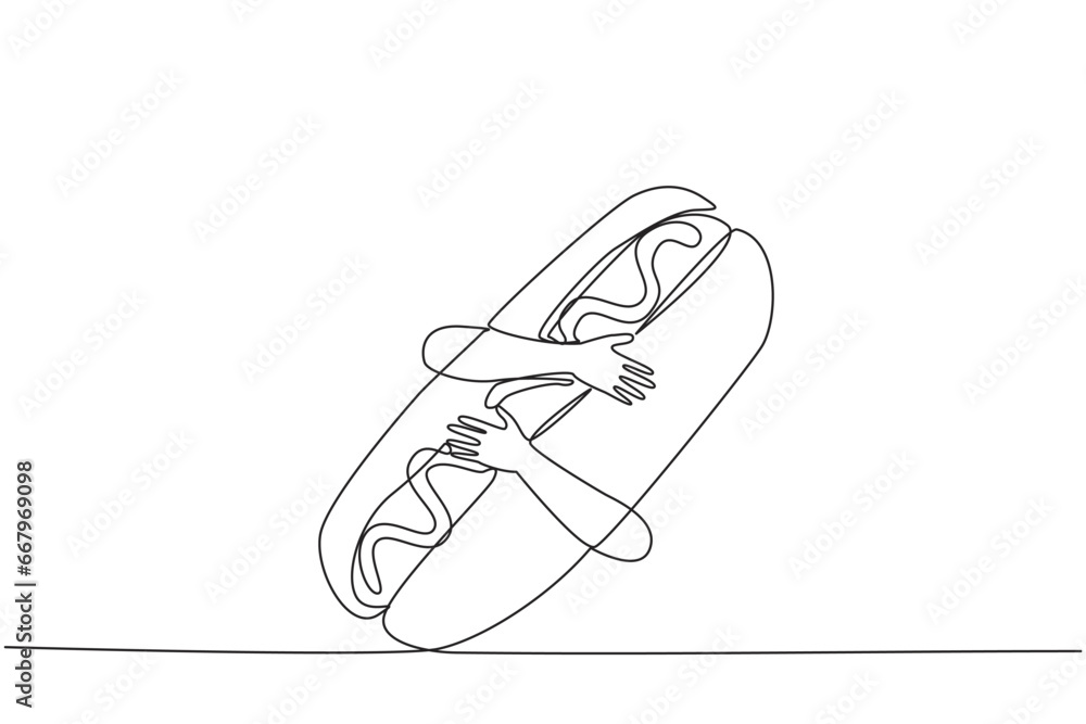 Single continuous line drawing of hands hugging hot dog. Cooked long sausages are served with buns and then topped with pieces of lettuce, tomato, onion. Fast food. One line design vector illustration Single continuous line drawing of hands hugging hot dog. Cooked long sausages are served with buns and then topped with pieces of lettuce, tomato, onion. Fast food. One line design vector illustration