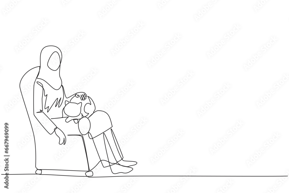 Single continuous line drawing of young beautiful Arabian woman sitting on the couch hugging the cat on her thigh. Owner of feline animal petting it with love. One line design vector illustration