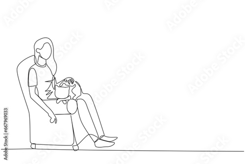 Continuous one line drawing of young beautiful woman sitting on the couch hugging cat and putting it on her thighs. Animal lovers especially cat, pet it untill sleep. Single line draw design vector