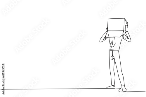 Continuous one line drawing of businessman stood up and covered head with cardboard. Businessman who are embarrassed because unable to pay several bills. Single line draw design vector illustration
