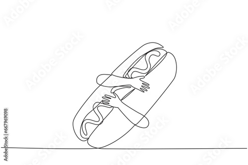 Single continuous line drawing of hands hugging hot dog. Cooked long sausages are served with buns and then topped with pieces of lettuce, tomato, onion. Fast food. One line design vector illustration
